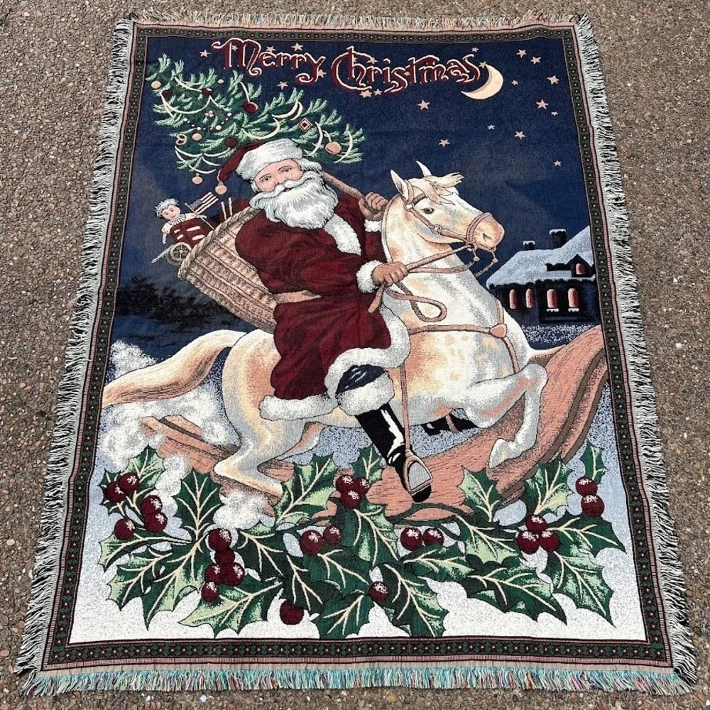 Vintage Santa Claus Merry Christmas Holiday Woven Fringe Tapestry Blanket